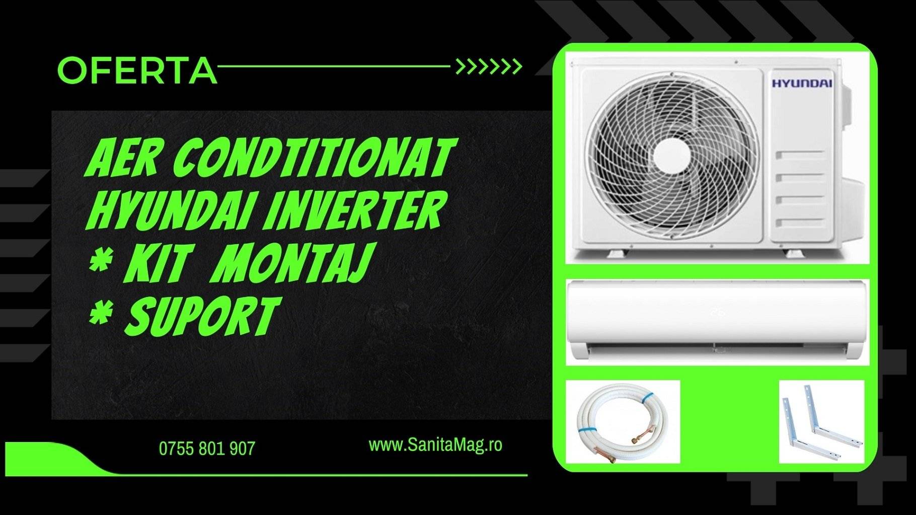 Pachet Complet Aer Condiționat Inverter Hyundai 18000 BTU/h, Wi-Fi Integrat, Clasa A++/A+, kit complet de montaj